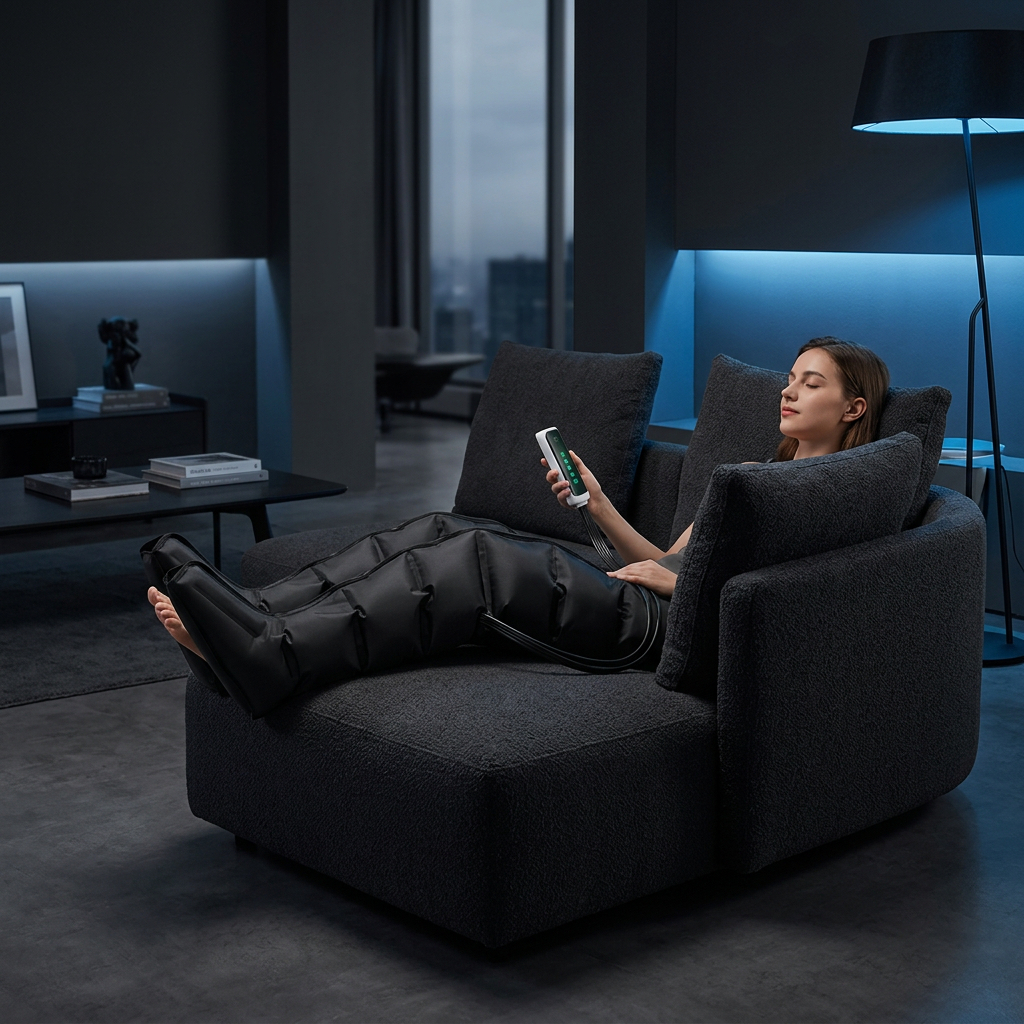 Femme se relaxant avec les bottes de compression OrthoZen